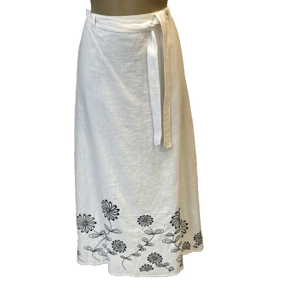 NWT Carole Little Maxi A-Line Skirt SZ10 White Linen w/Black Floral Embroidery